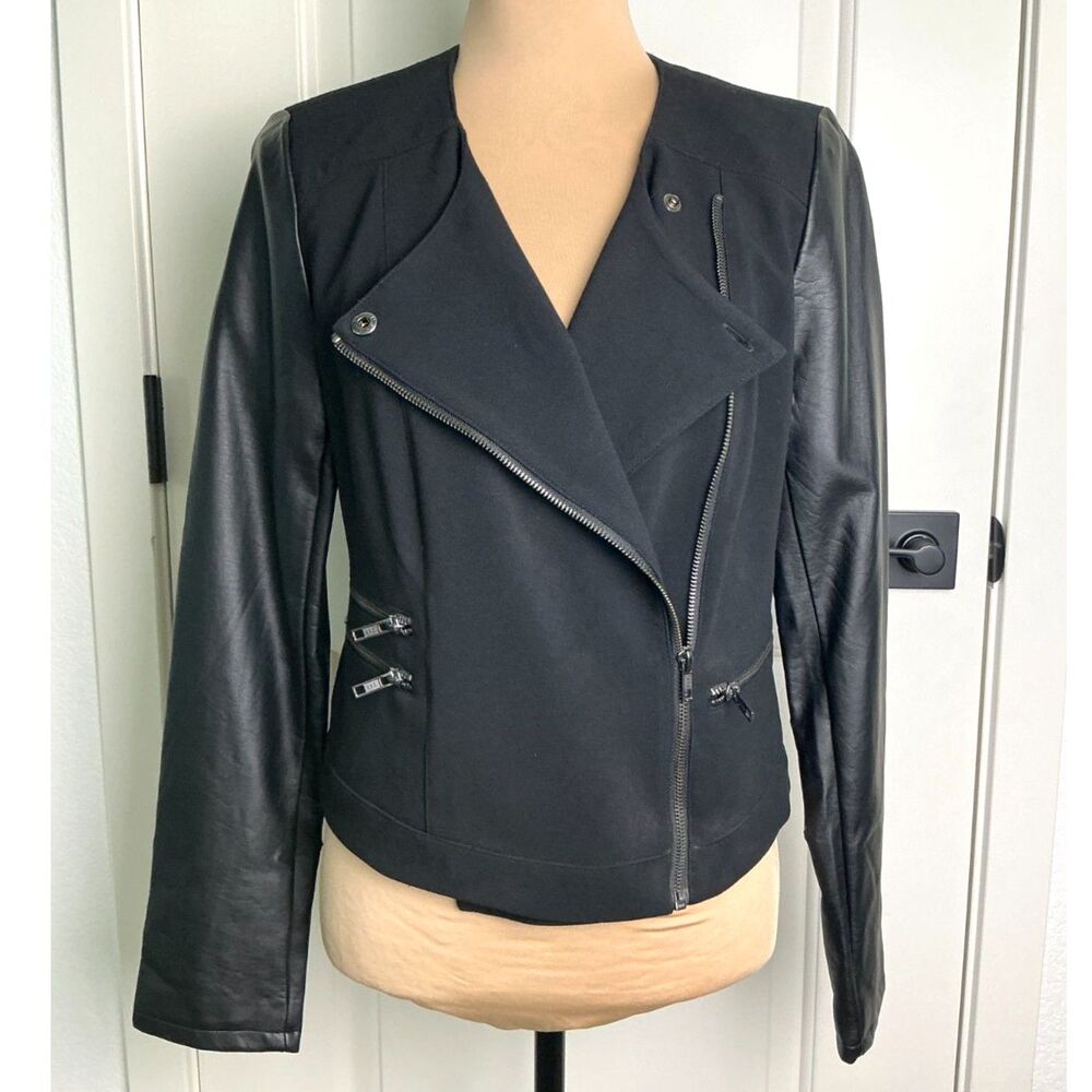 NWT Forever 21 Black Moto Jacket L Faux Leather Sleeve Asym Zip Flawed